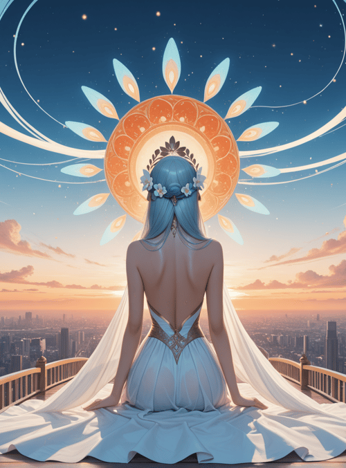 woman, cityscape, sunset, headdress, dress