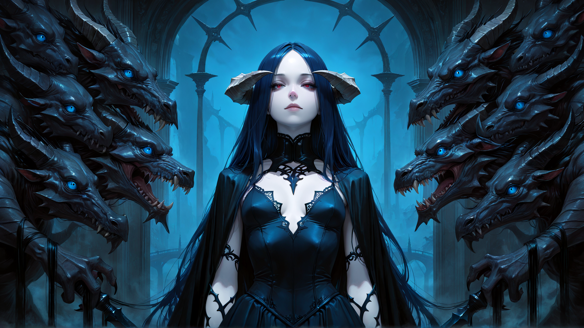 AI generated wallpaper featuring woman, dragons, gothic architecture
