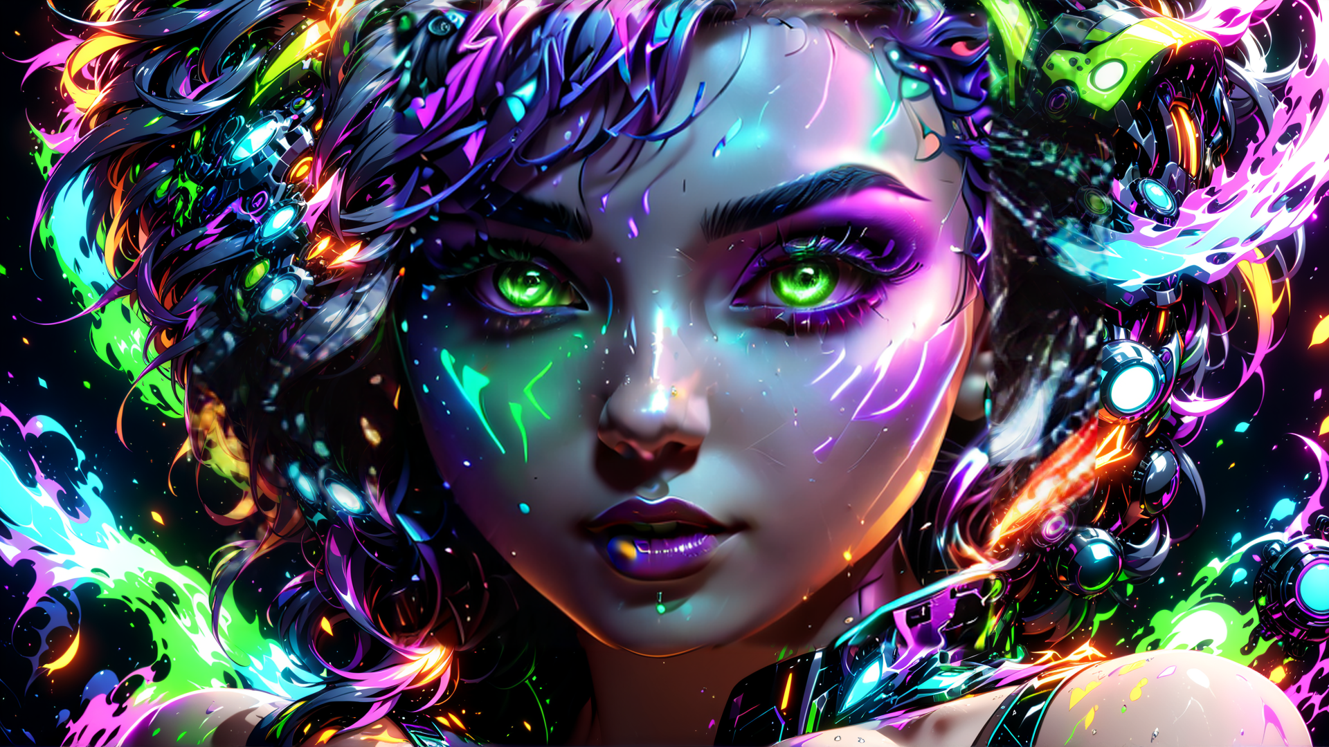 AI generated wallpaper featuring cyborg, neon, female