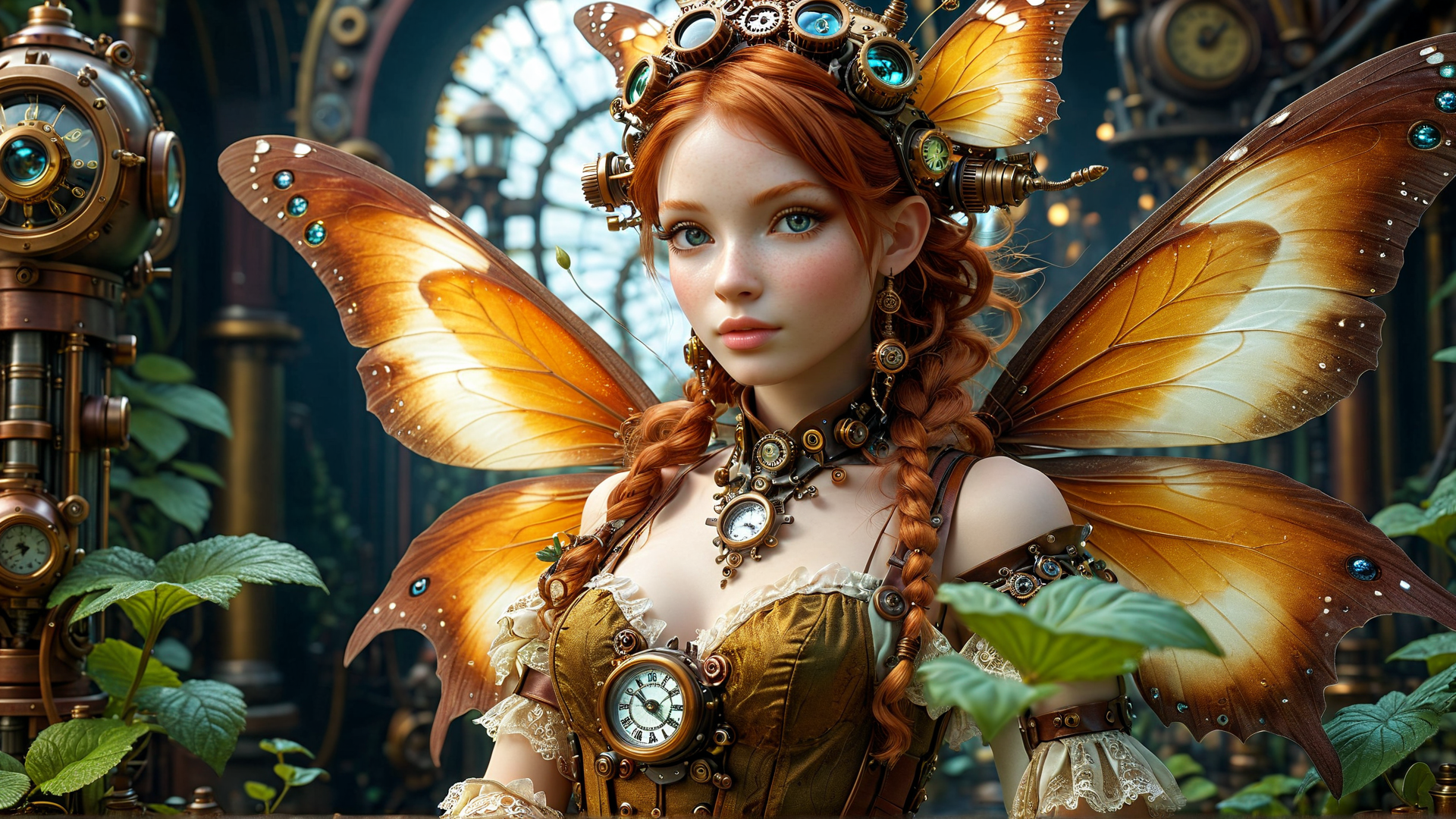 AI generated wallpaper featuring fairy, steampunk, butterfly, clock, gears, clockwork, redhead, plants, clock face, brass
