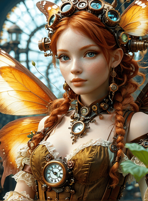fairy, steampunk, butterfly, clock, gears, clockwork, redhead, plants, clock face, brass
