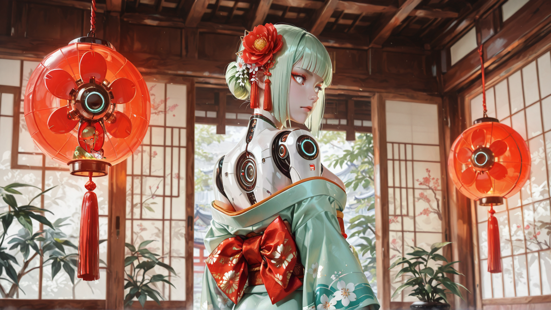 AI generated wallpaper featuring robot, kimono, lantern, flower, garden, window, tassels, cherry blossom, sash, hair