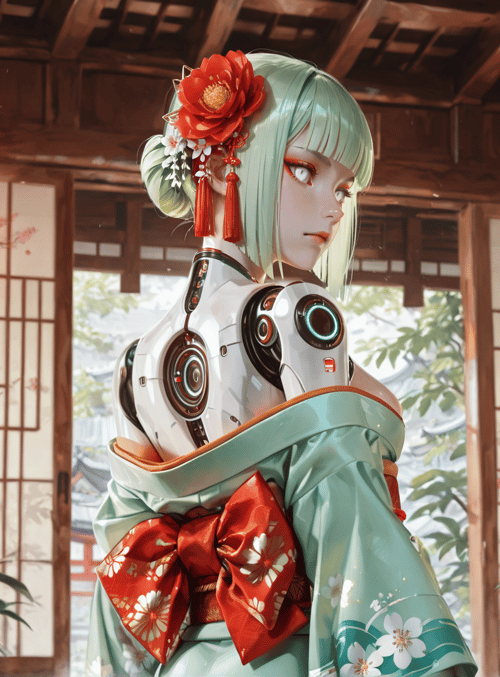 robot, kimono, lantern, flower, garden, window, tassels, cherry blossom, sash, hair