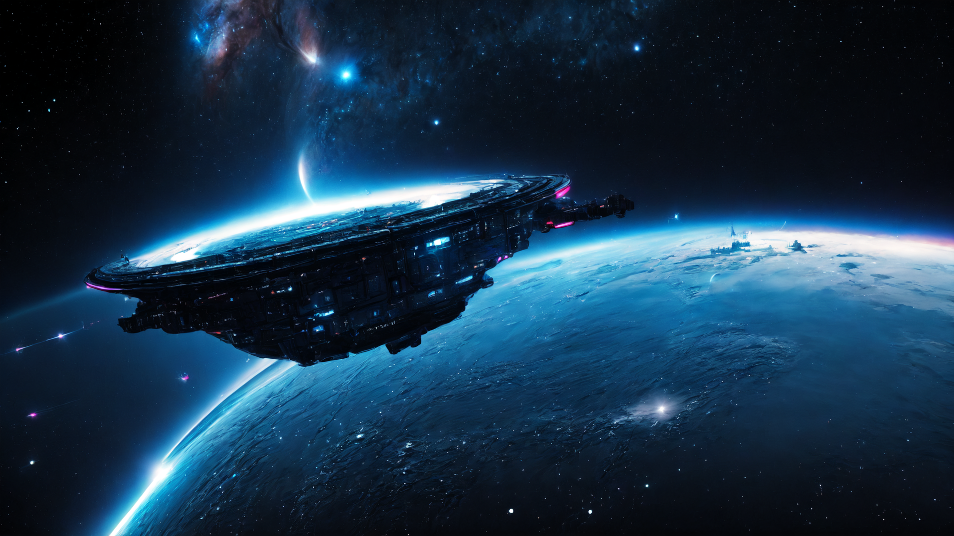 AI generated wallpaper featuring spaceship, planet, galaxy, stars, nebula, orbit