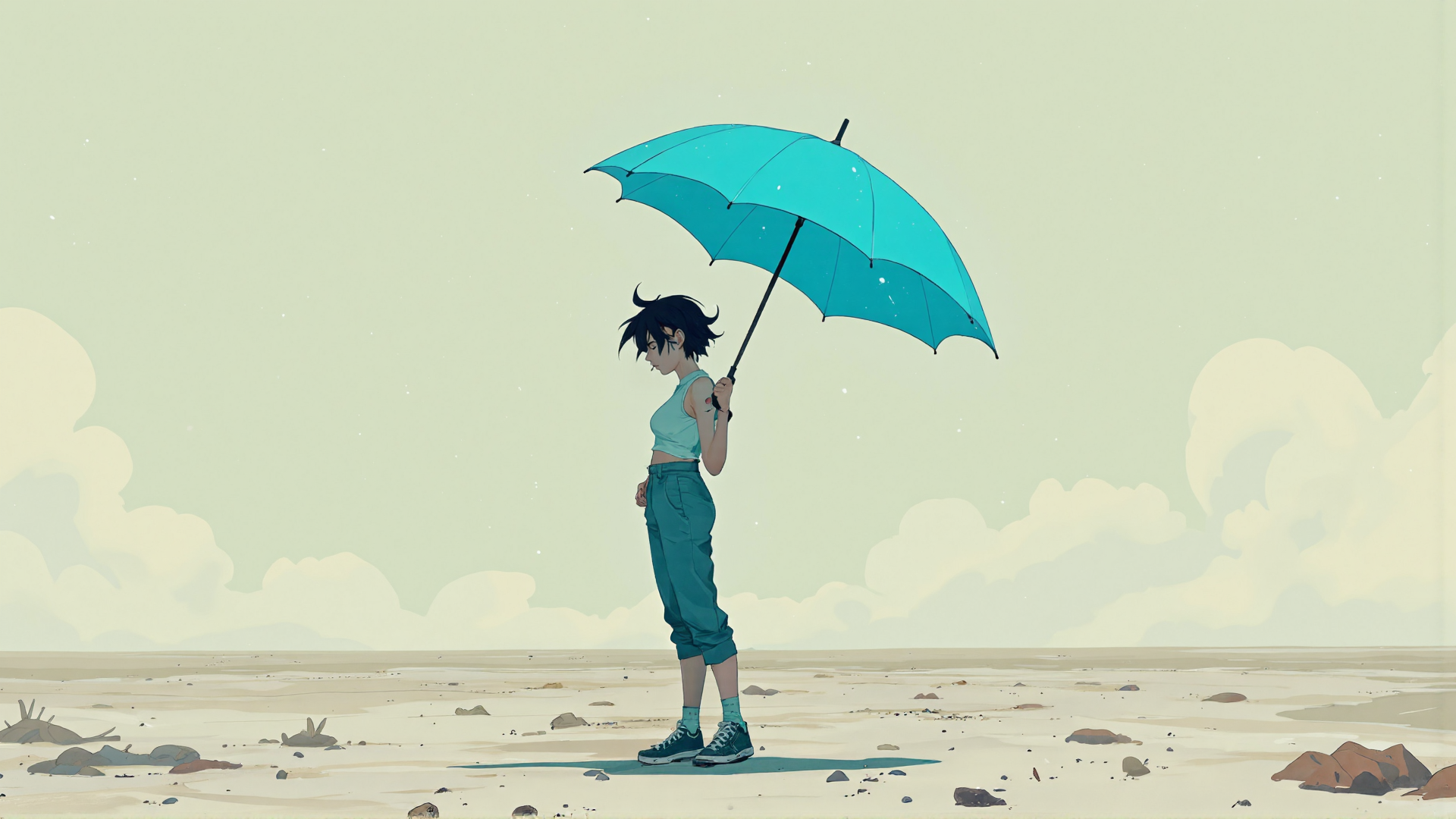 AI generated wallpaper featuring girl, umbrella, desert