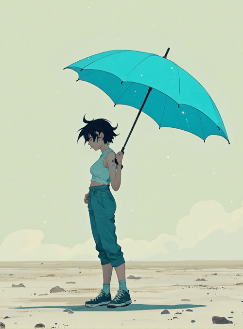 girl, umbrella, desert
