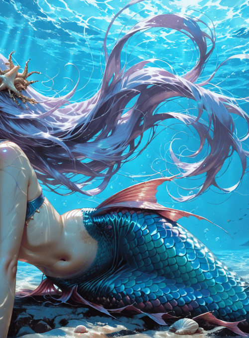 mermaid, seashell, starfish, coral, fish, water, sunlight, ocean, underwater, tropical