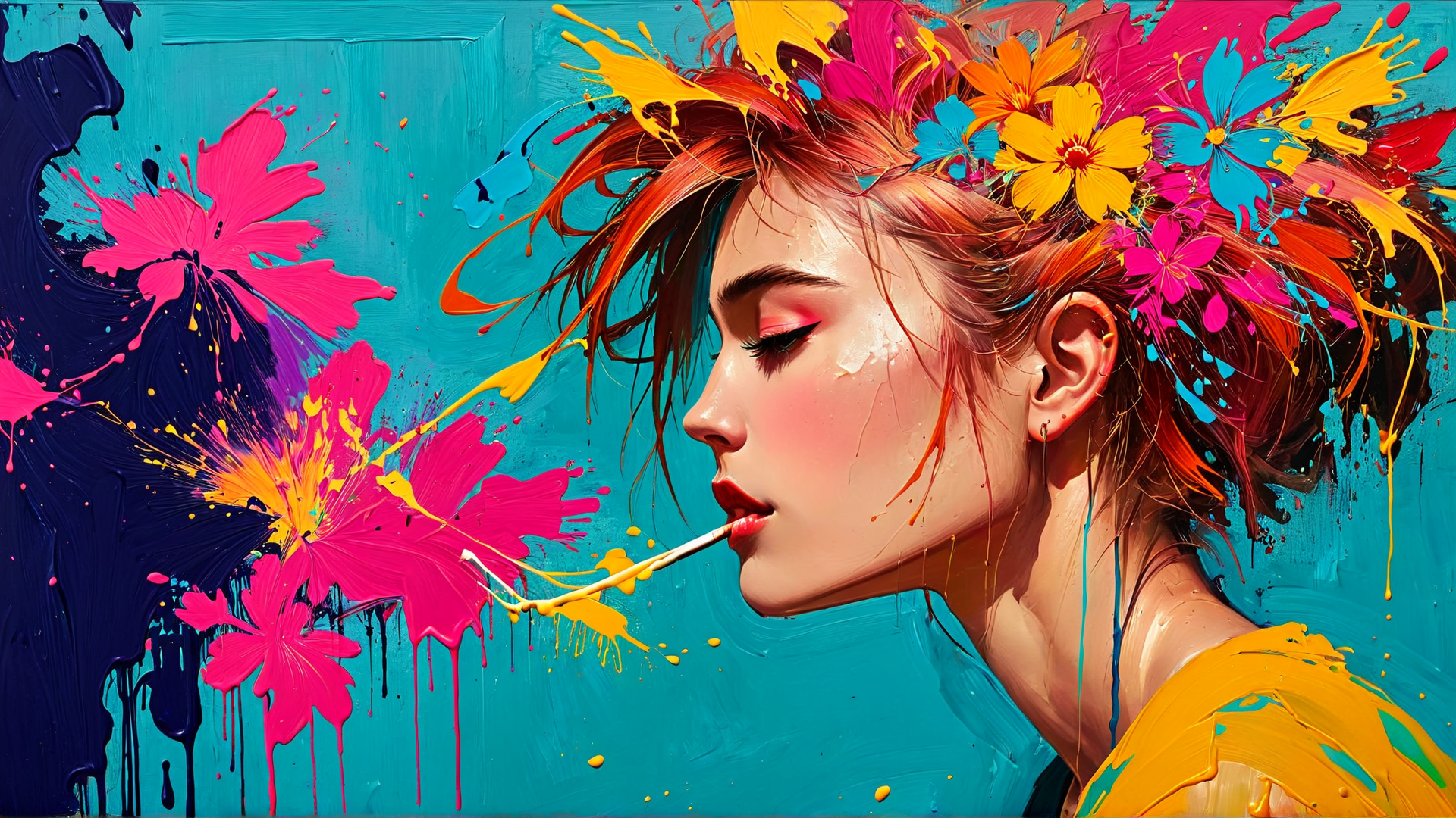 AI generated wallpaper featuring woman, flowers, paint, splatter, brush