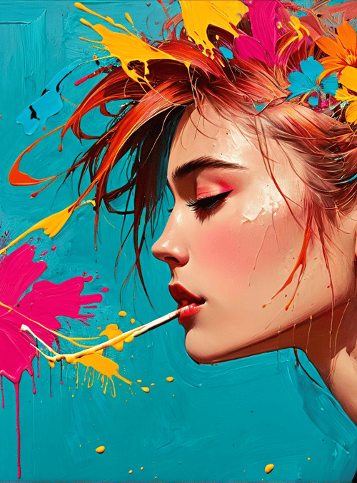 woman, flowers, paint, splatter, brush