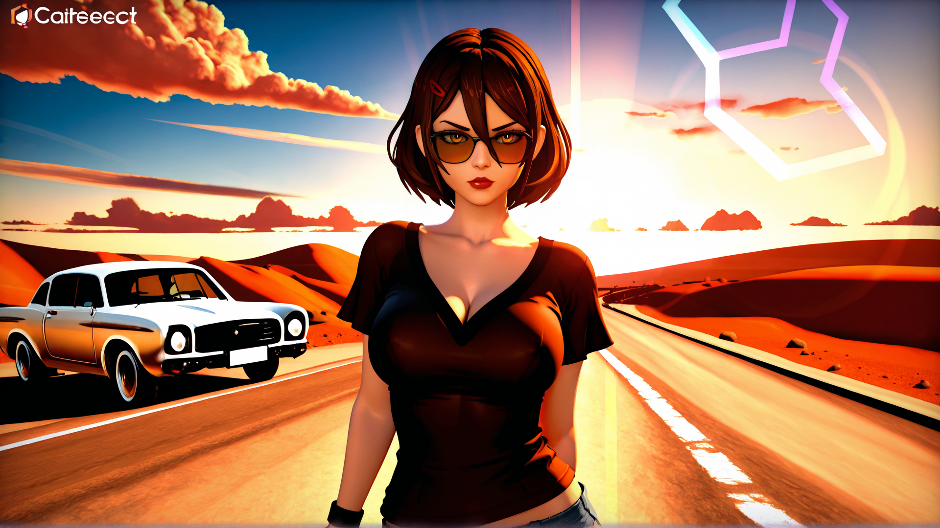 AI generated wallpaper featuring woman, car, desert, road, sky