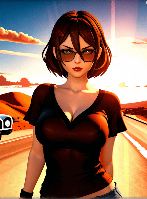 woman, car, desert, road, sky