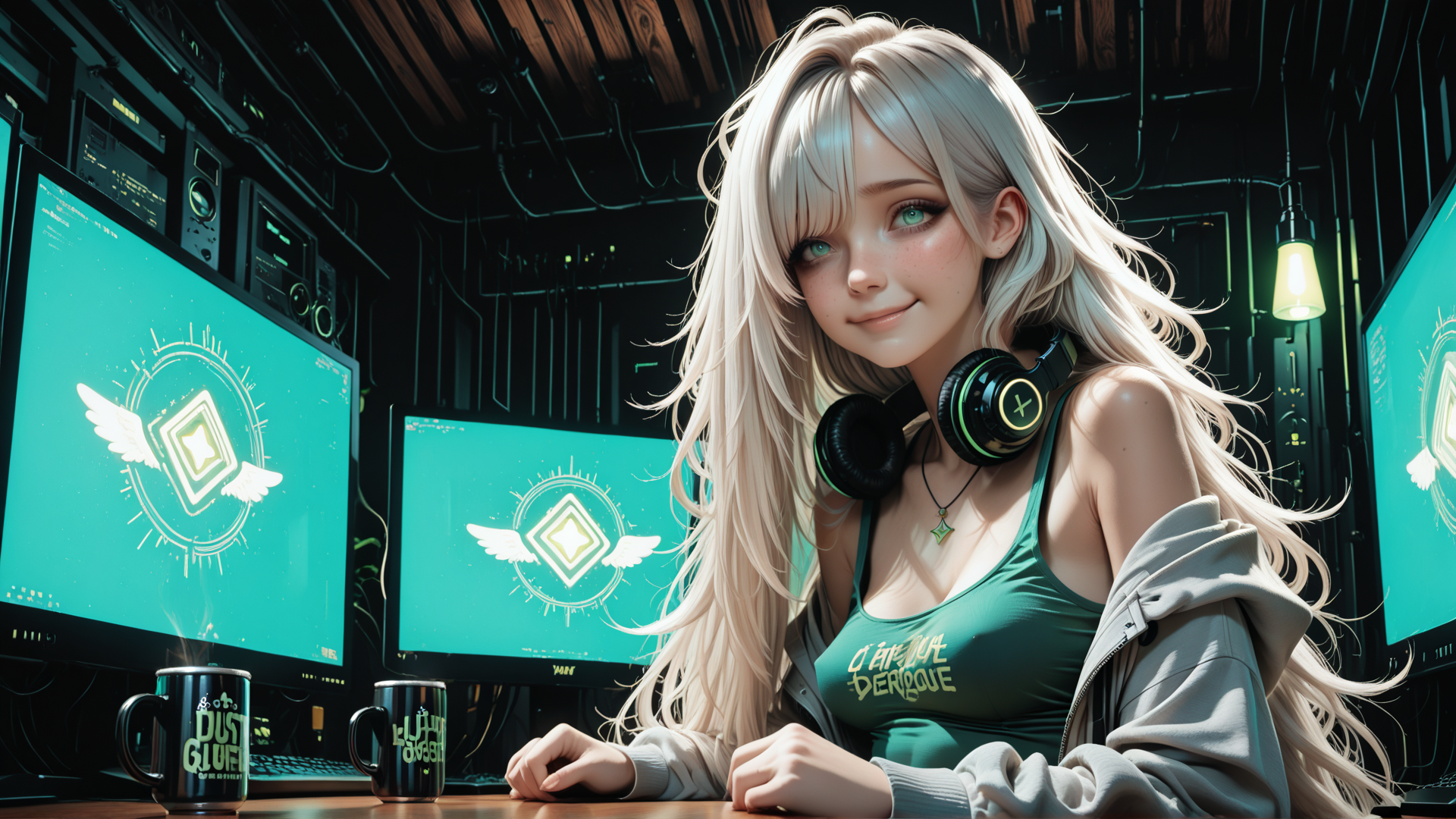 AI generated wallpaper featuring woman, headphones, computer, monitor, mug, gamer, logo, hoodie, tank top, blonde hair