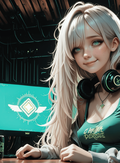 woman, headphones, computer, monitor, mug, gamer, logo, hoodie, tank top, blonde hair