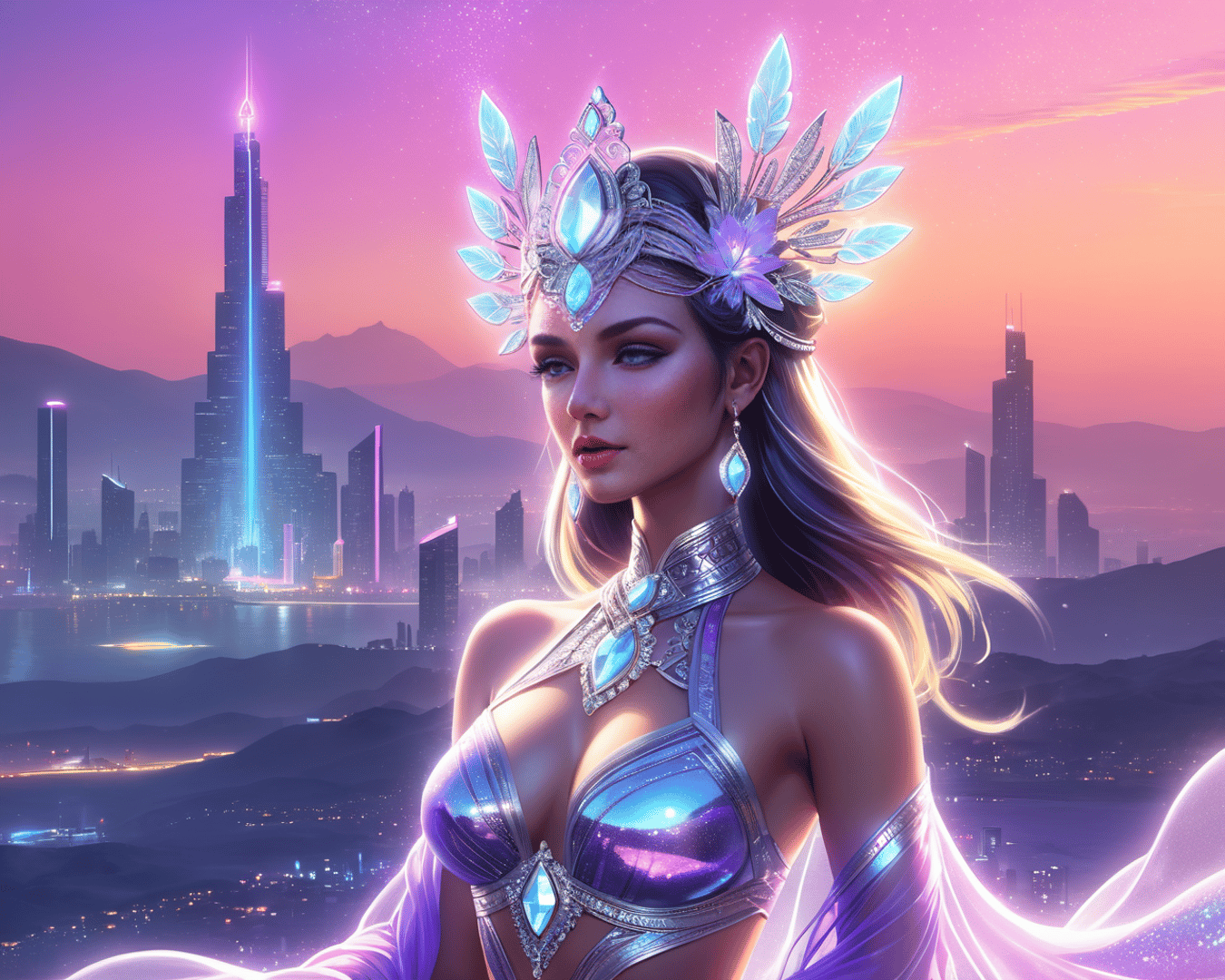 AI generated wallpaper featuring woman, cityscape, futuristic