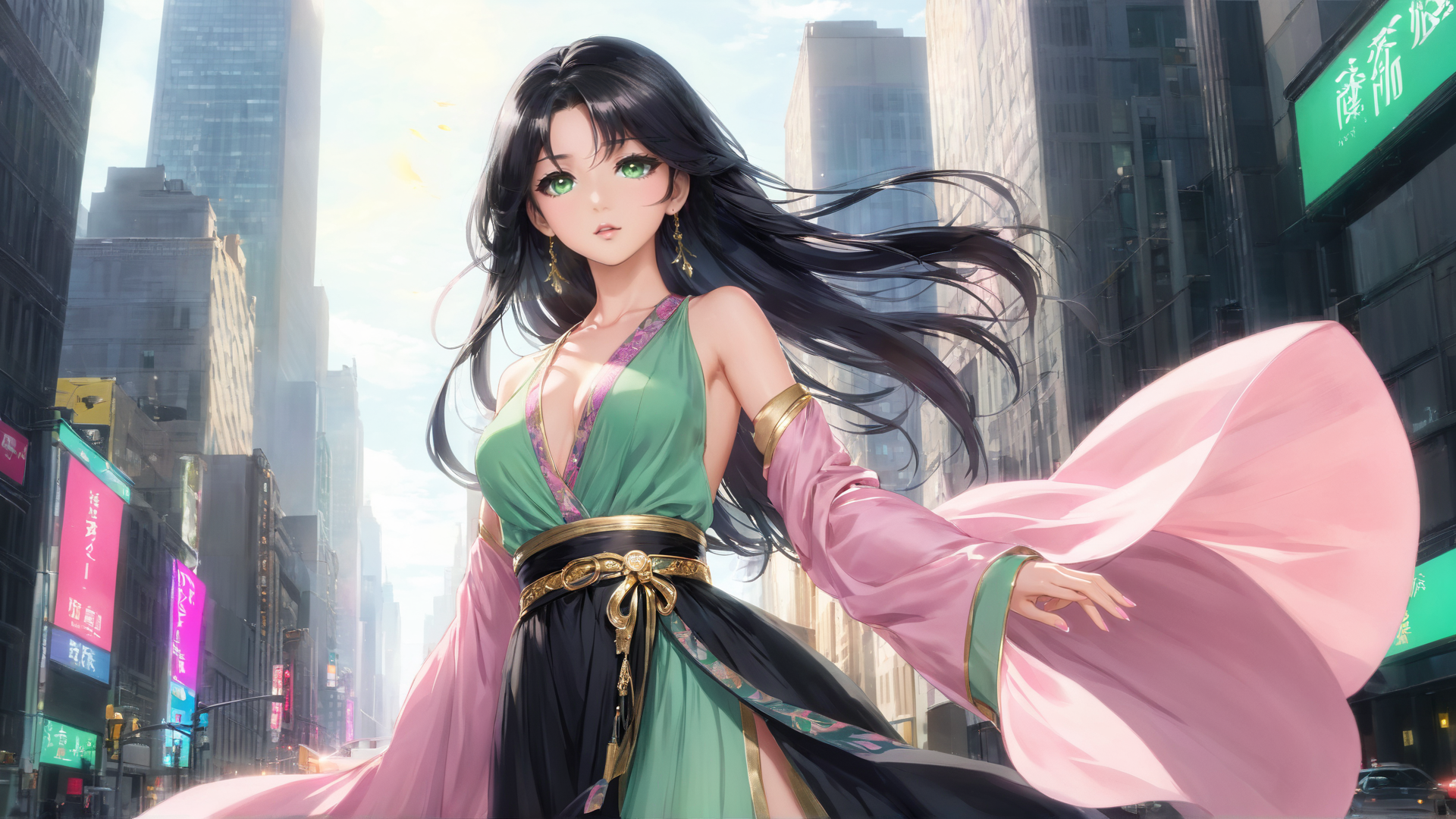 AI generated wallpaper featuring woman, city, anime