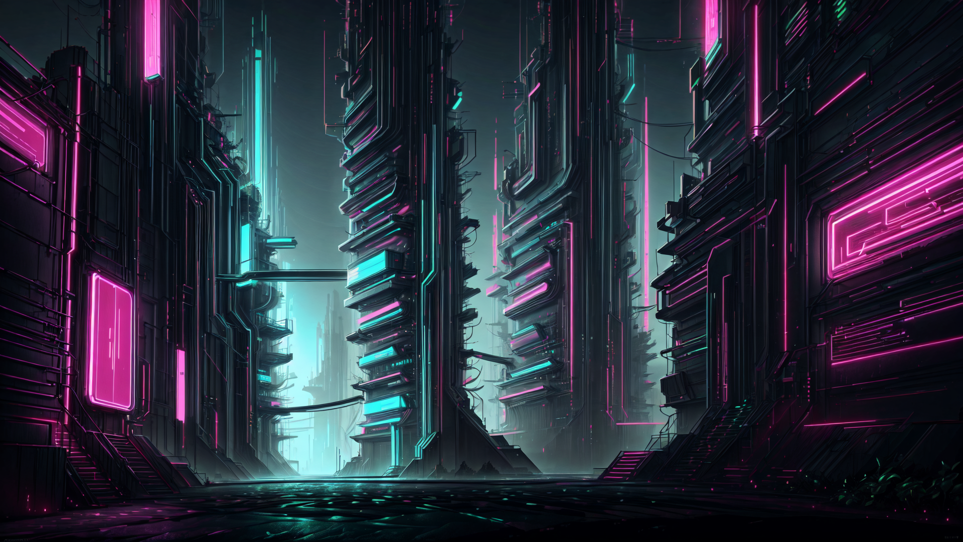 AI generated wallpaper featuring city, buildings, neon, structures, streets, facades, signs, laser, tech, tower