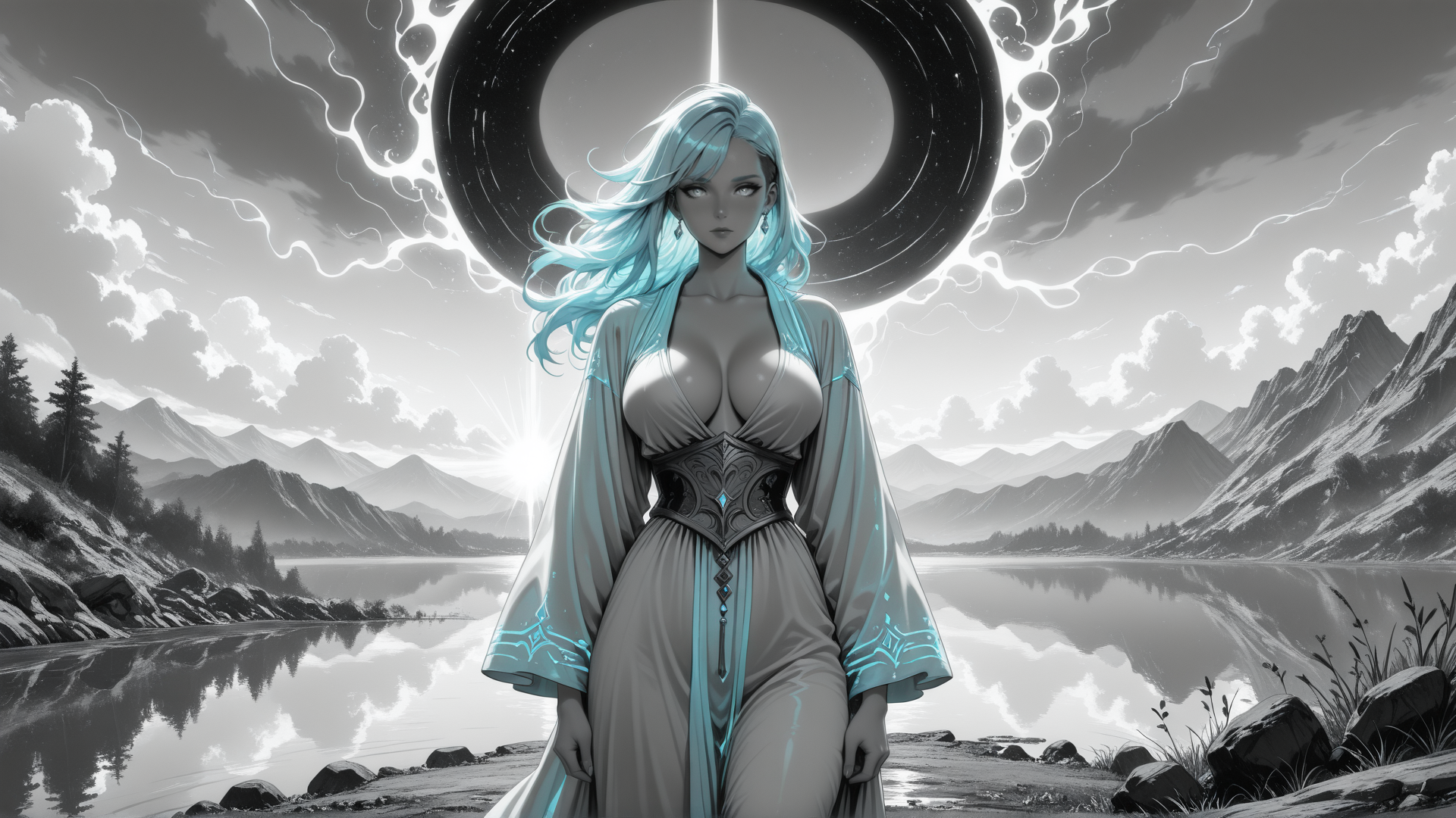 AI generated wallpaper featuring woman, goddess, nature, lake, mountains, sky