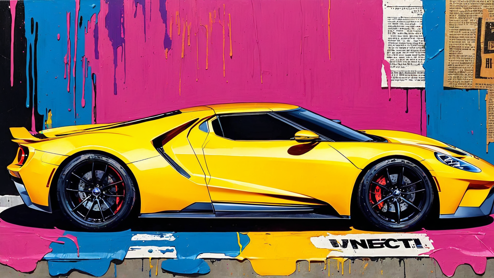AI generated wallpaper featuring sports car, wall, paint, newspaper