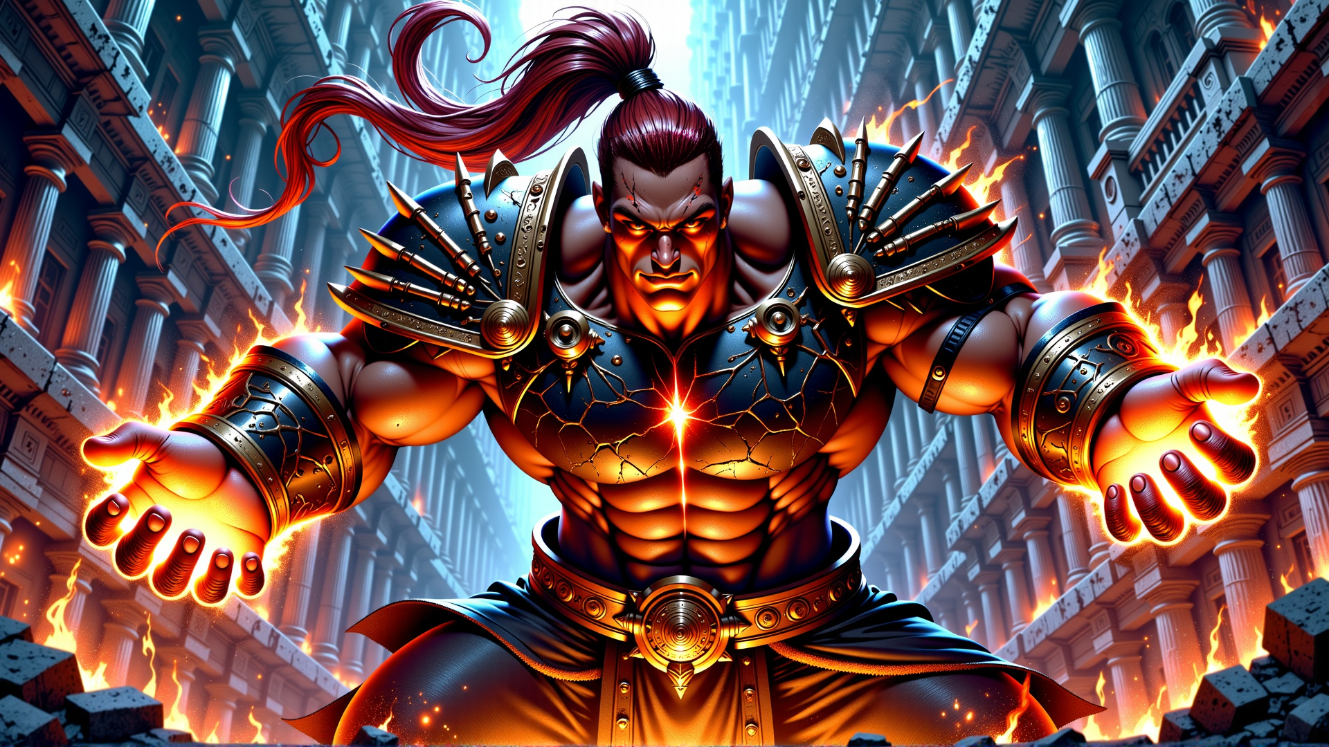 AI generated wallpaper featuring warrior, giant, fire