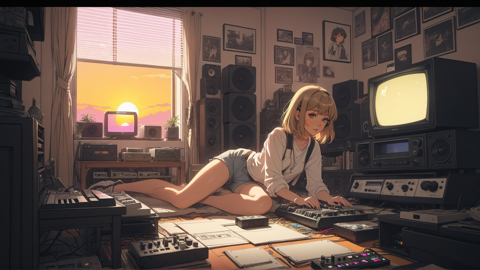 AI generated wallpaper featuring girl, music studio, synthesizers