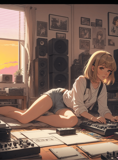 girl, music studio, synthesizers