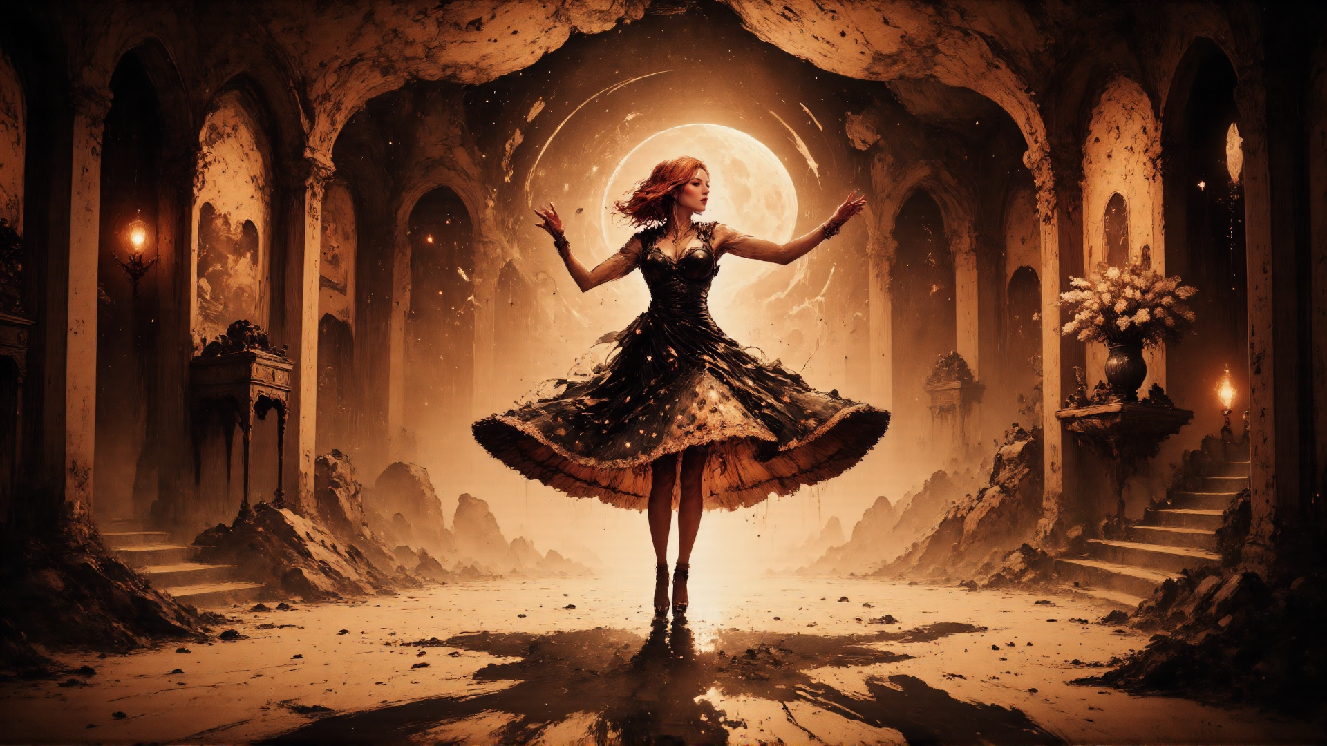 AI generated wallpaper featuring woman, dress, ruins