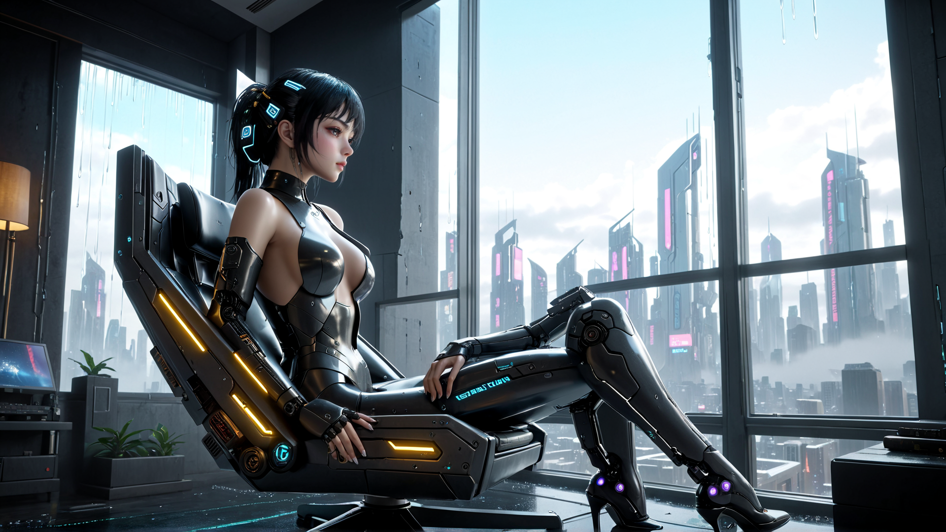 AI generated wallpaper featuring cyborg, woman, chair