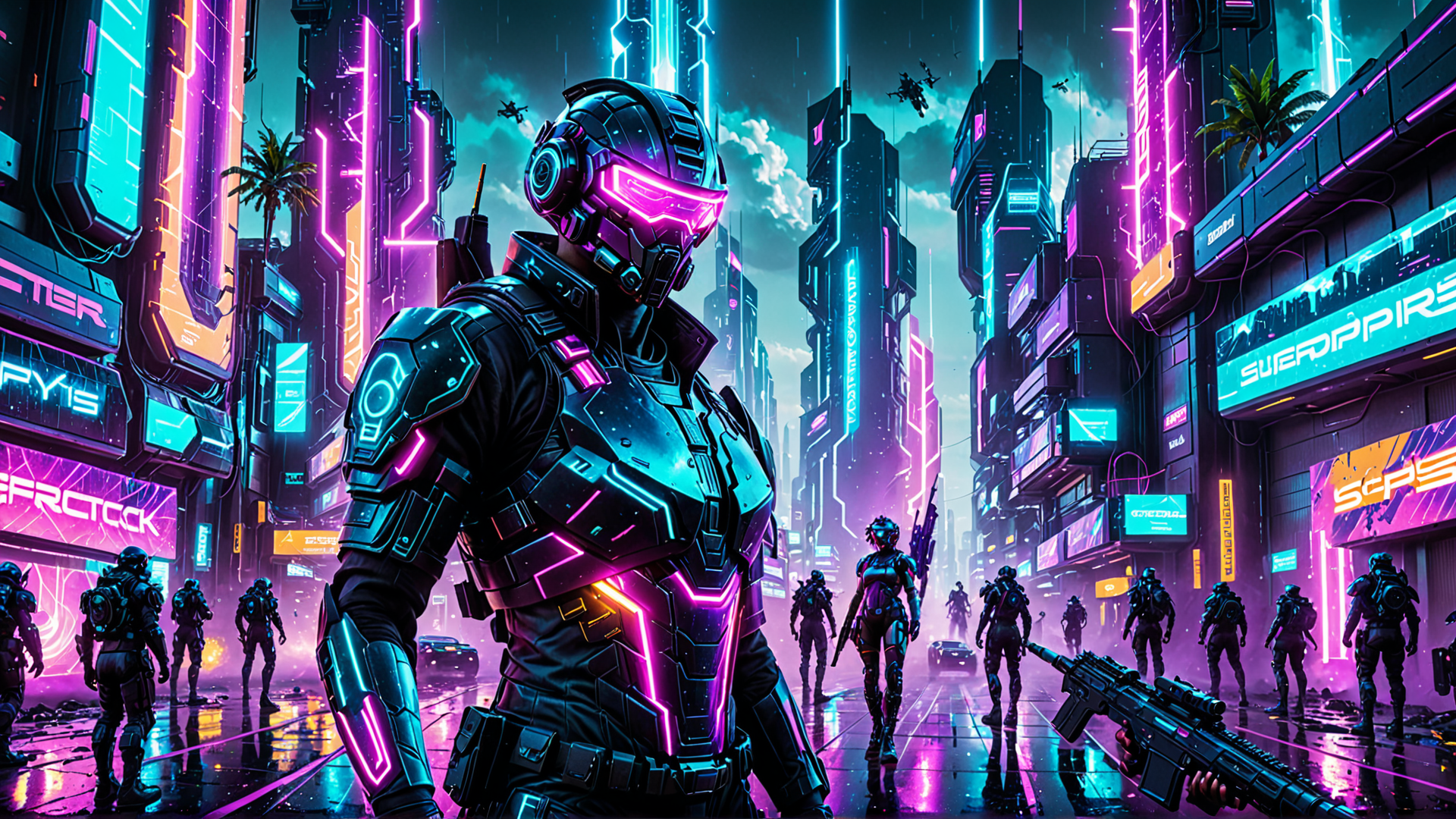 AI generated wallpaper featuring cyborg, soldiers, city