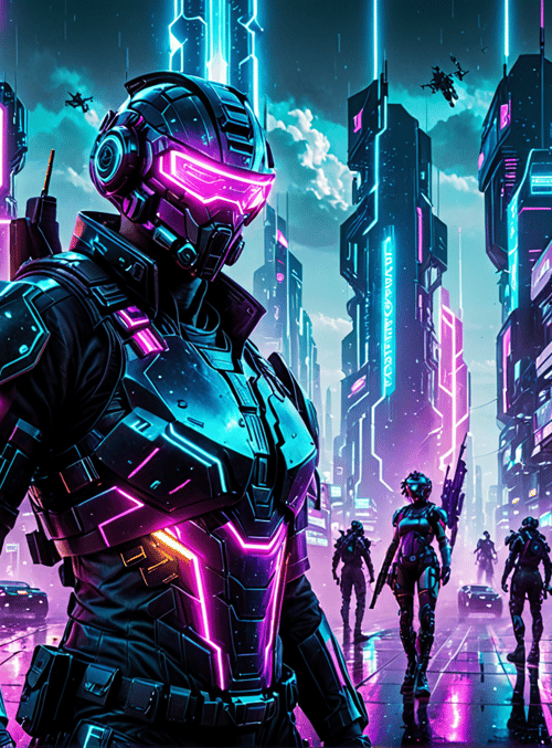cyborg, soldiers, city