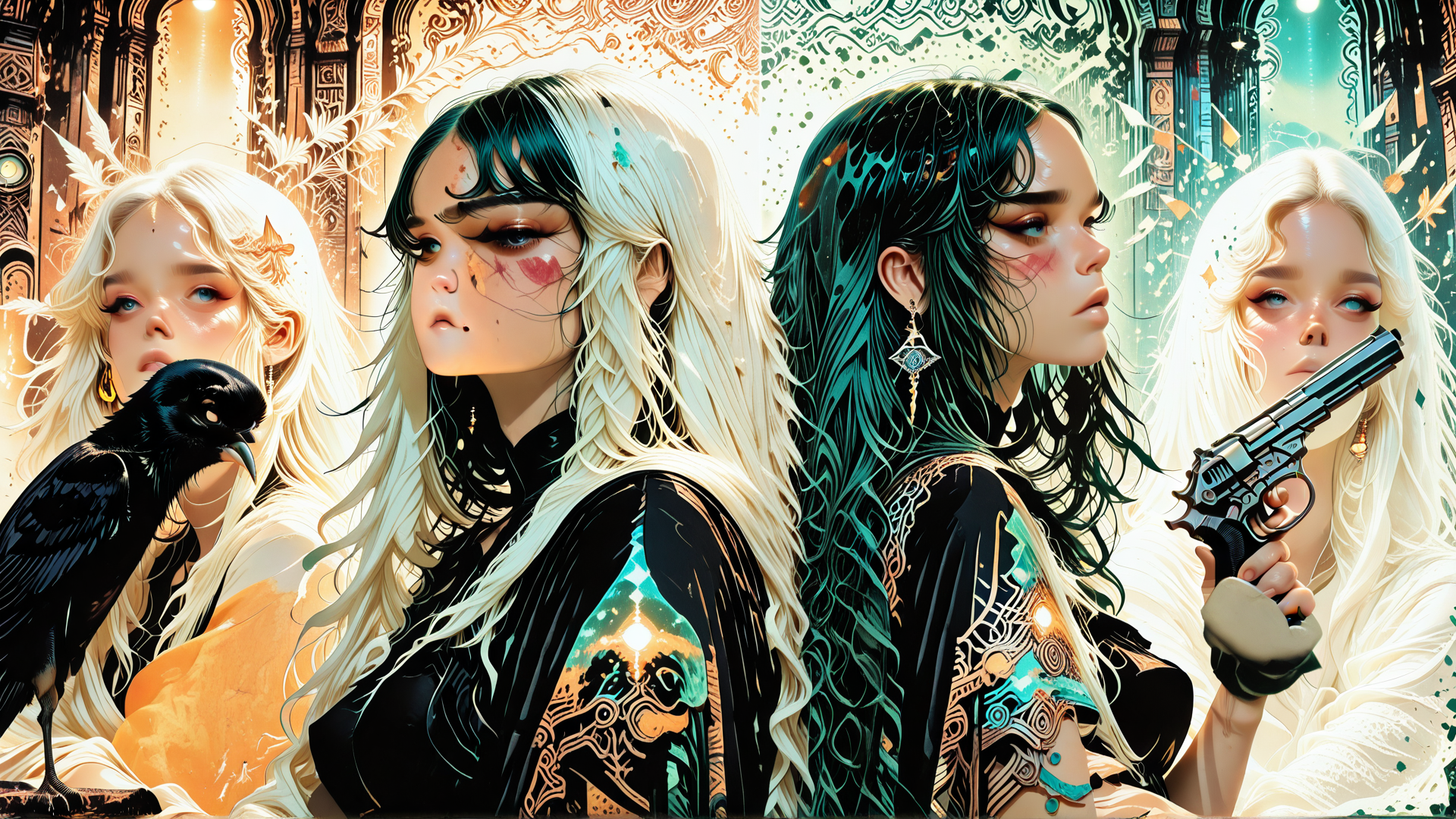 AI generated wallpaper featuring girl, crow, gun, woman, hair, earring, dress, symbol, art, background
