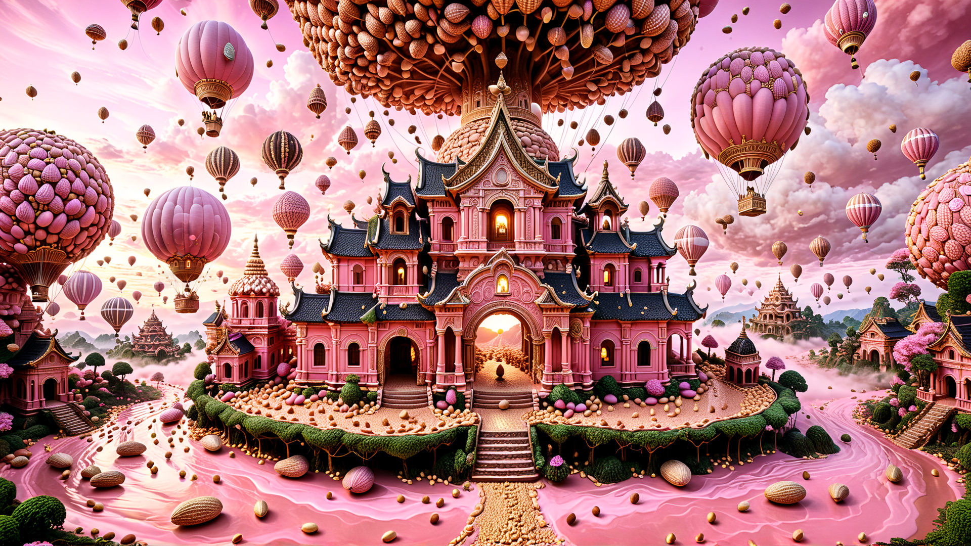 AI generated wallpaper featuring castle, hot air balloons, tree, river, building, balloon, landscapes, plants, sphere, rocks