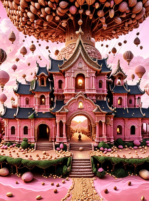 castle, hot air balloons, tree, river, building, balloon, landscapes, plants, sphere, rocks