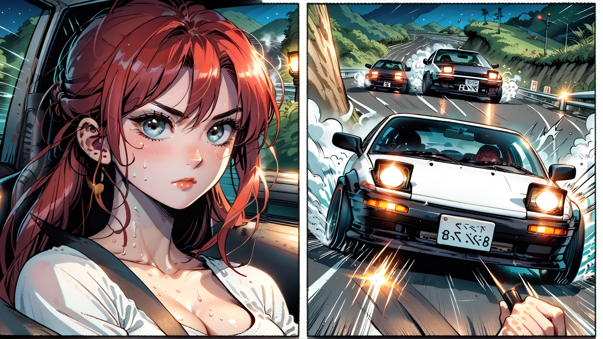AI generated wallpaper featuring woman, car, road, driving, nissan