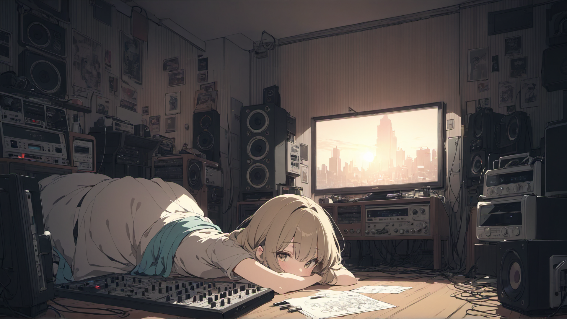 AI generated wallpaper featuring girl, audio equipment, cityscape