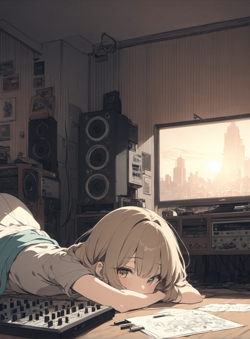 girl, audio equipment, cityscape