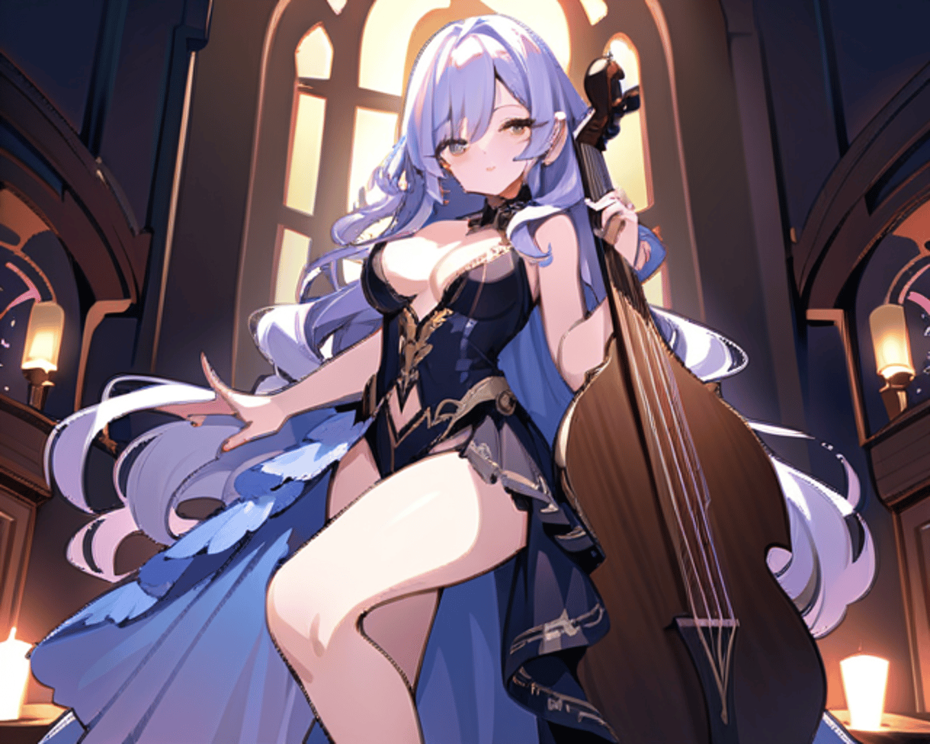 AI generated wallpaper featuring woman, cello, dress
