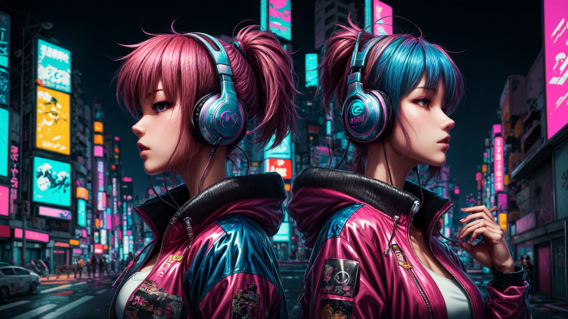 AI generated wallpaper featuring girls, headphones, jackets