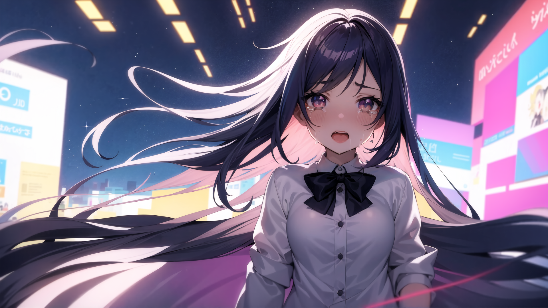 AI generated wallpaper featuring girl, anime, cityscape