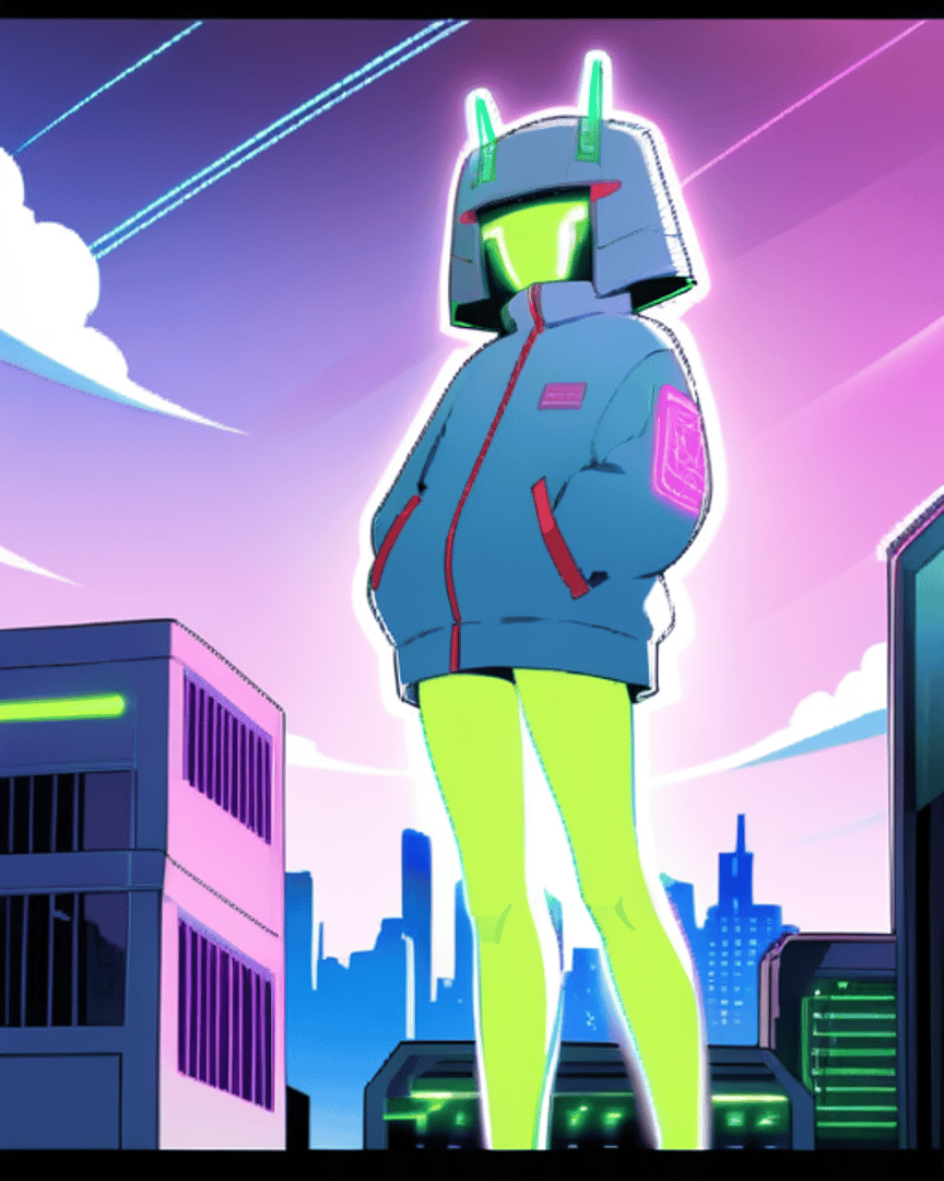 AI generated wallpaper featuring robot, character, cityscape