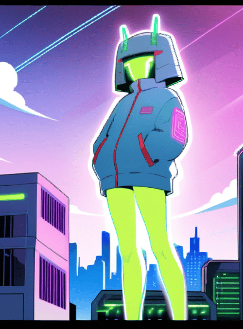 robot, character, cityscape