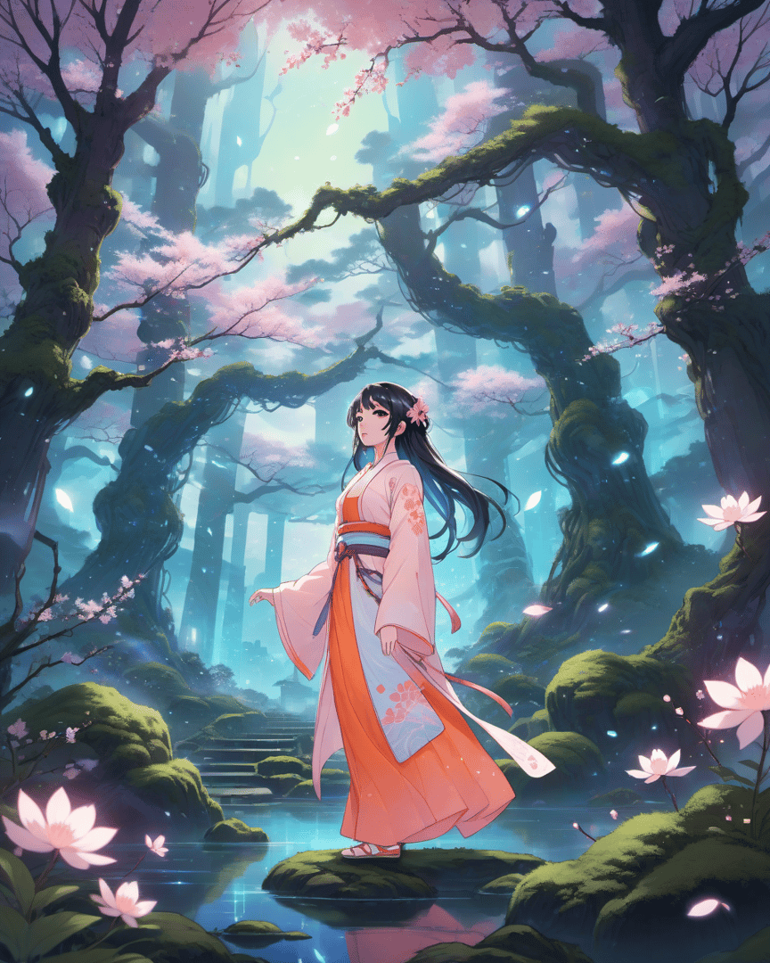 AI generated wallpaper featuring woman, cherry blossom, lotus