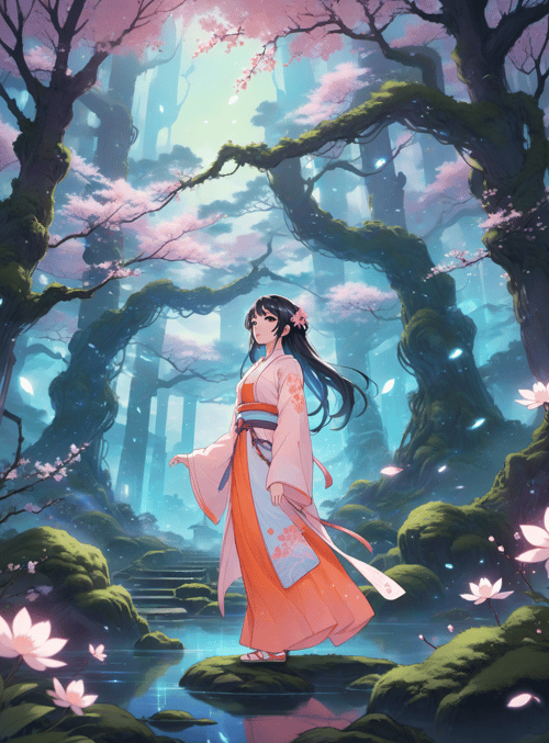 woman, cherry blossom, lotus
