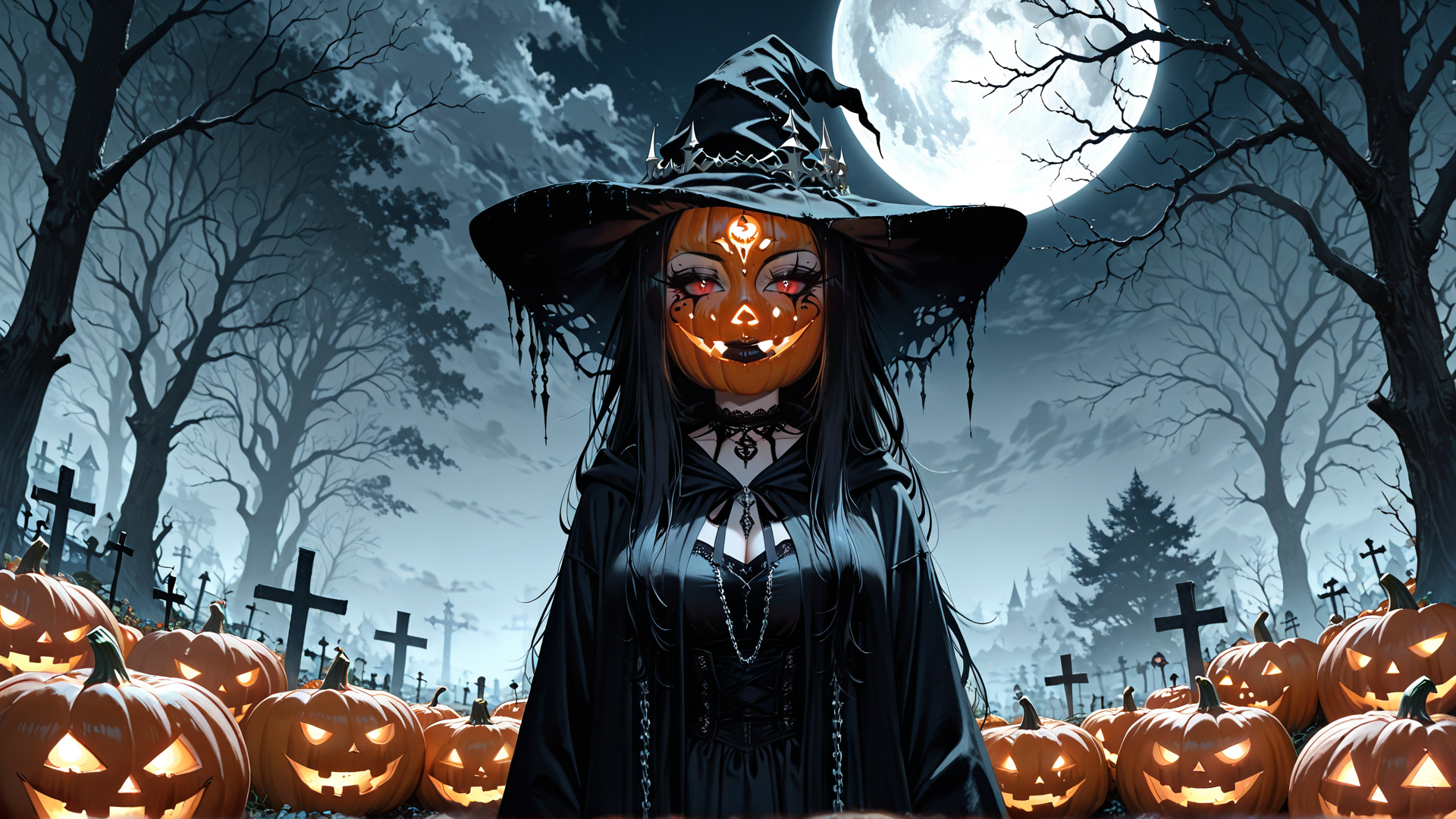 AI generated wallpaper featuring witch, pumpkin, graveyard, moon, trees, cross