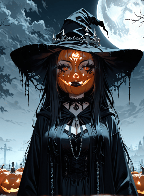 witch, pumpkin, graveyard, moon, trees, cross