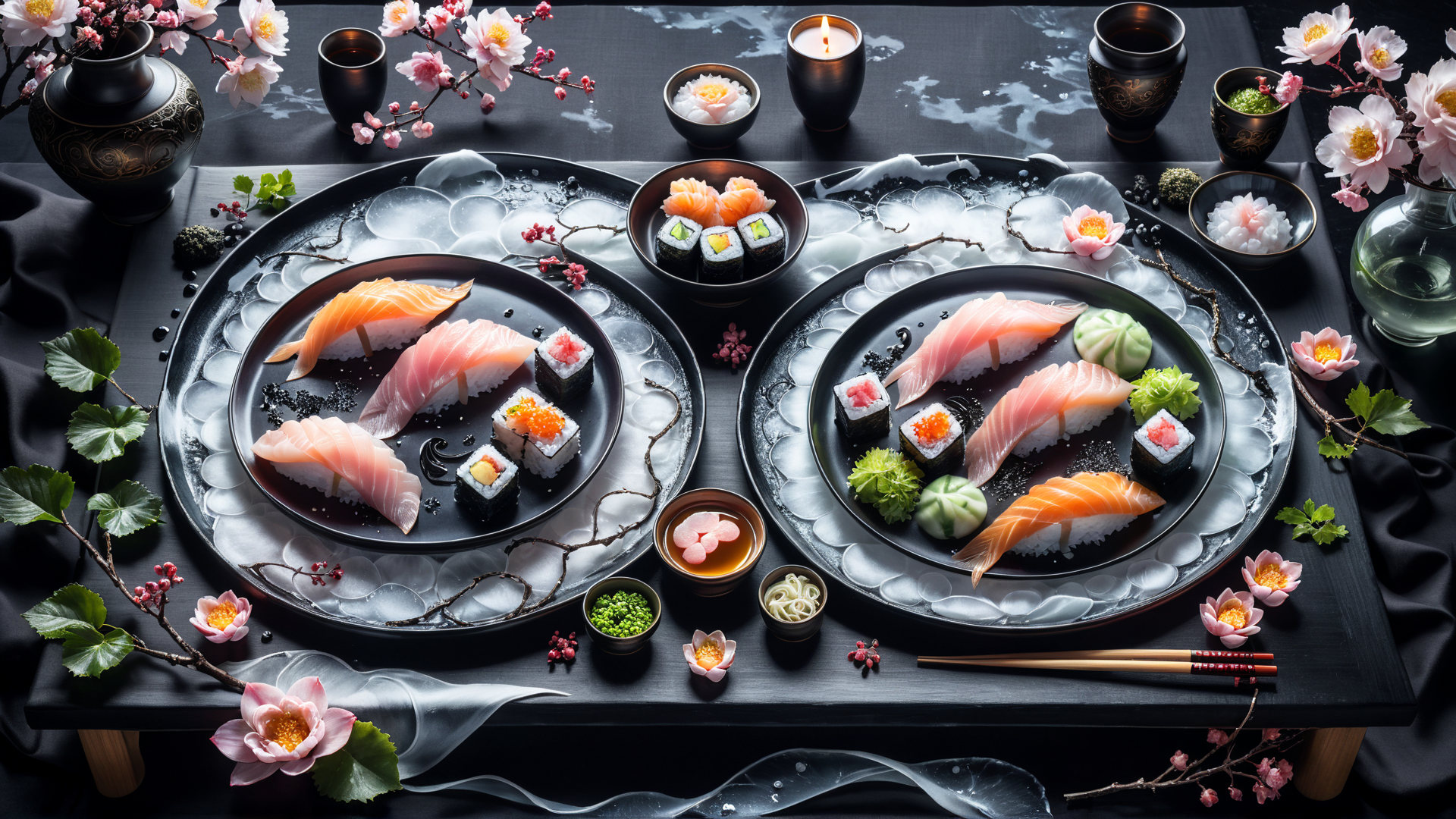 AI generated wallpaper featuring sushi, cherry blossoms, candle
