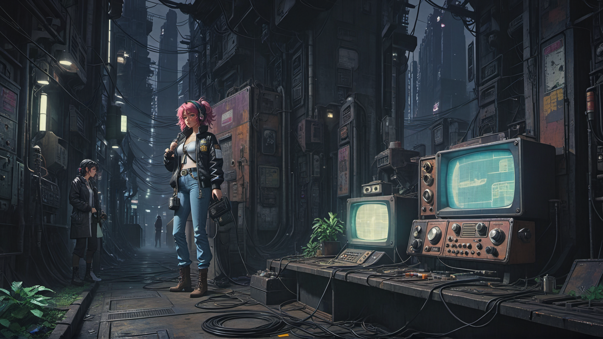 AI generated wallpaper featuring woman, cityscape, televisions
