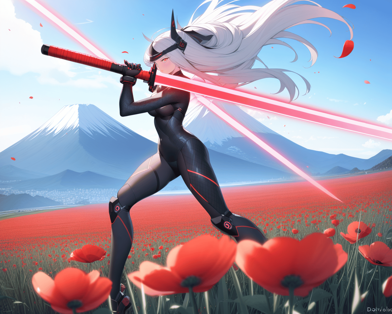 AI generated wallpaper featuring cyberpunk warrior, swordsman, anime character