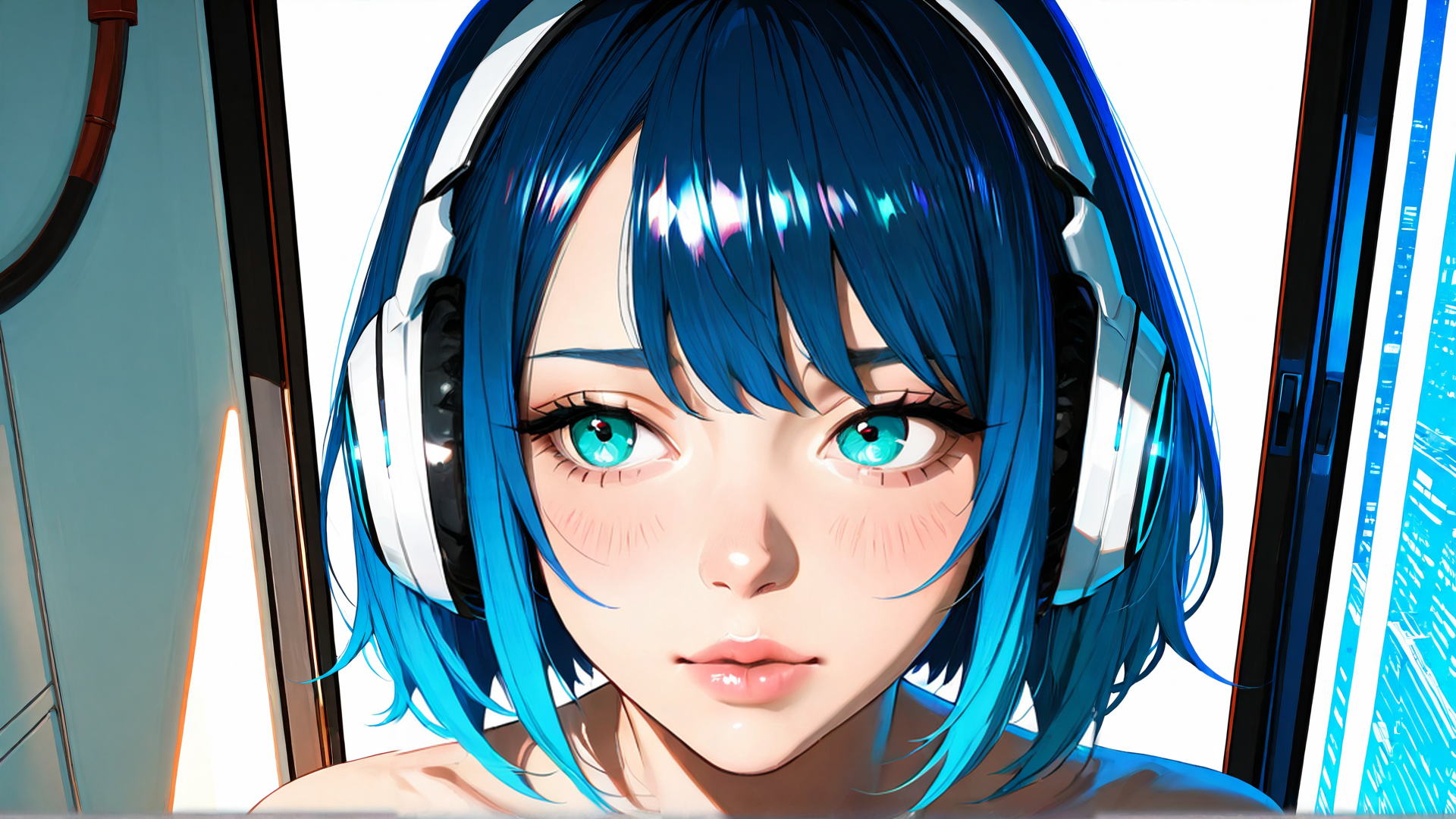 AI generated wallpaper featuring girl, headphones, hair, face, digital, screen