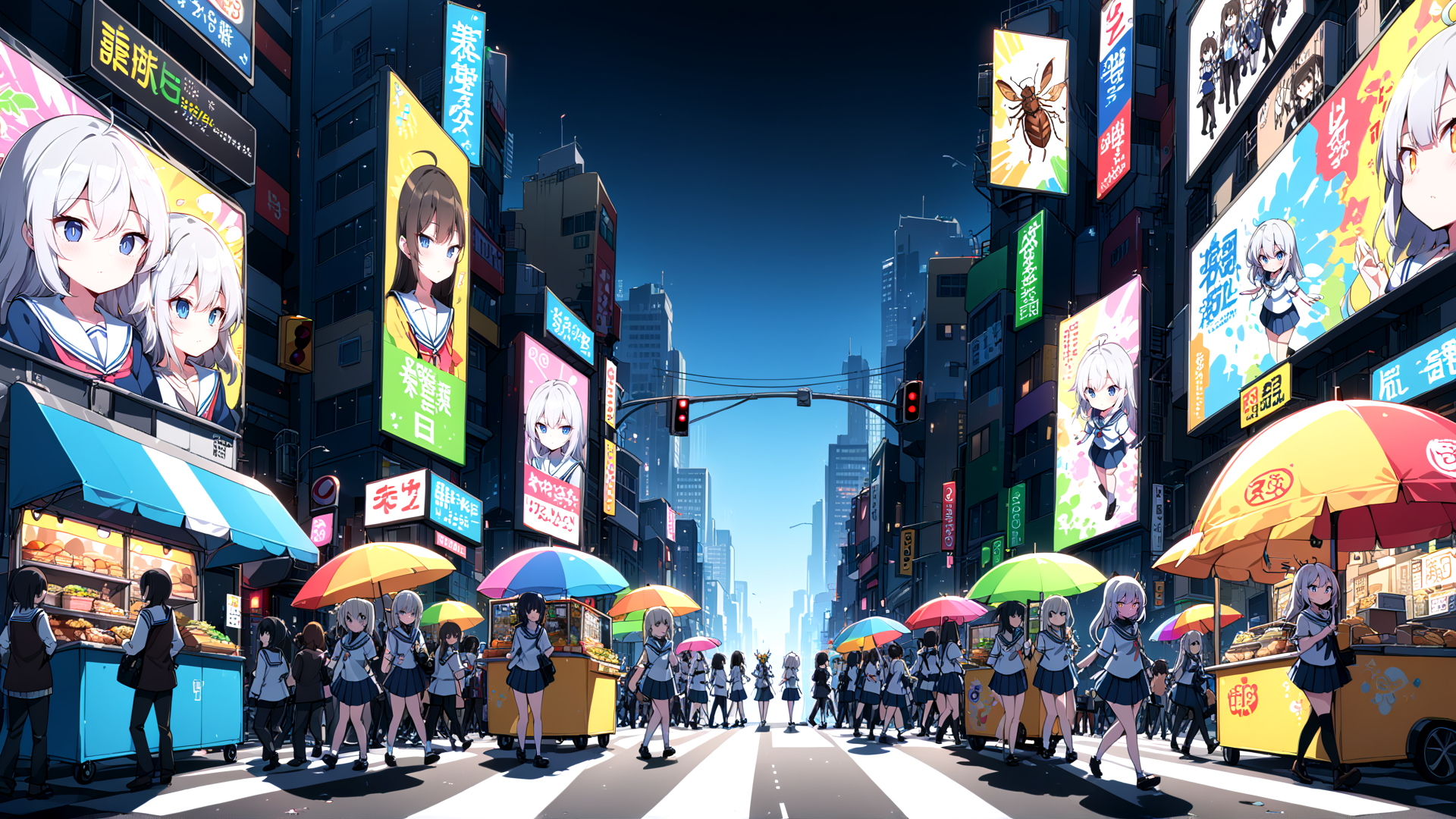 AI generated wallpaper featuring schoolgirls, cityscape, street