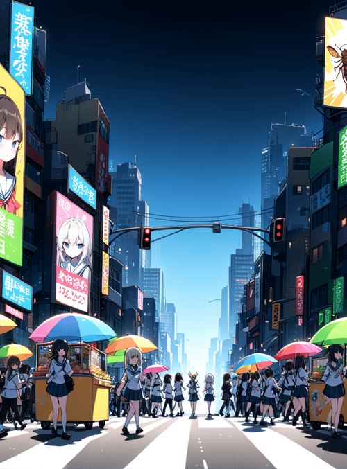 schoolgirls, cityscape, street